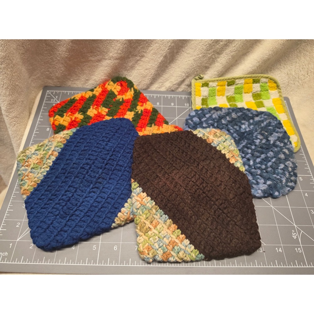 Vintage Handmade Crochet Potholder Set 5pc Woven Kitchen Hot Pads Multi Color